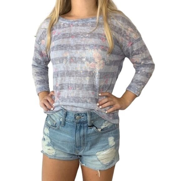 LC Lauren Conrad Striped Floral Sweater Blue Lightweight 3/4 Sleeves Size XS - Picture 1 of 7